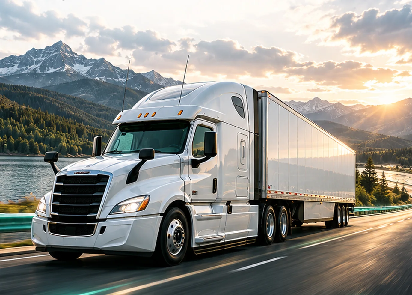 White tractor-trailer driving along a scenic highway